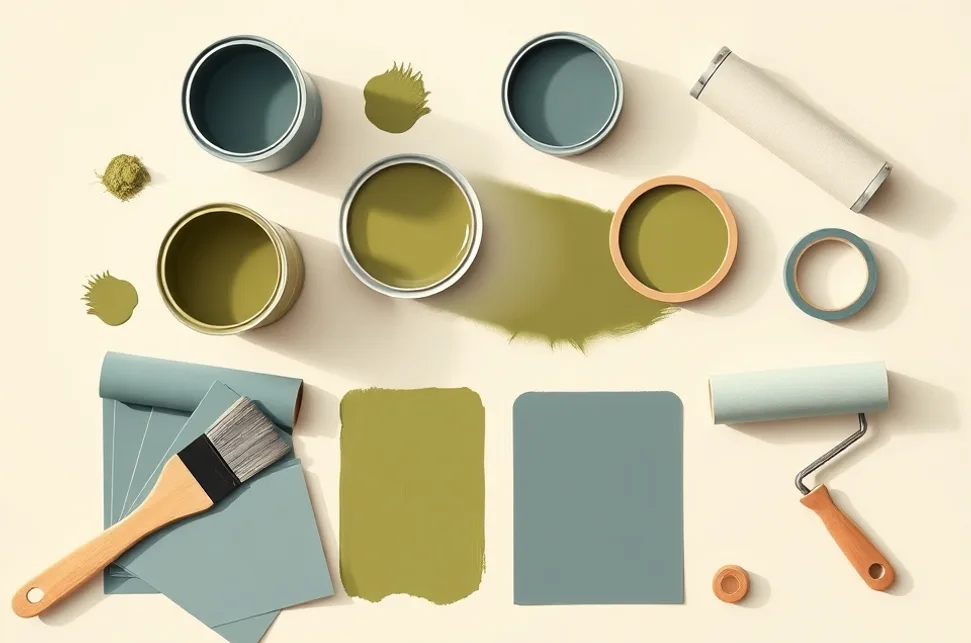 Pots de peinture, nuancier, brosses et rouleaux disposés à plat