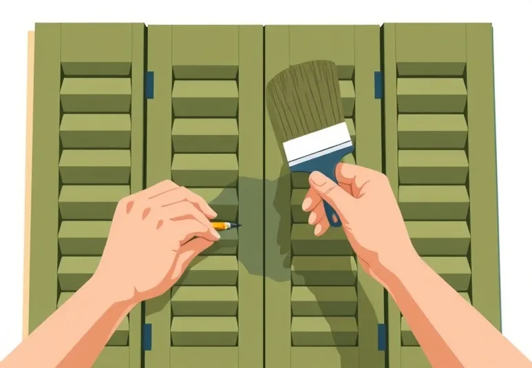 Mise en peinture au pinceau de volets et d'encadrements en bois