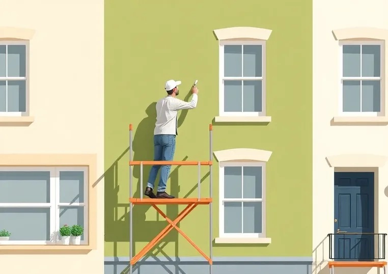 Peintre sur échafaudage traitant la façade d'une maison