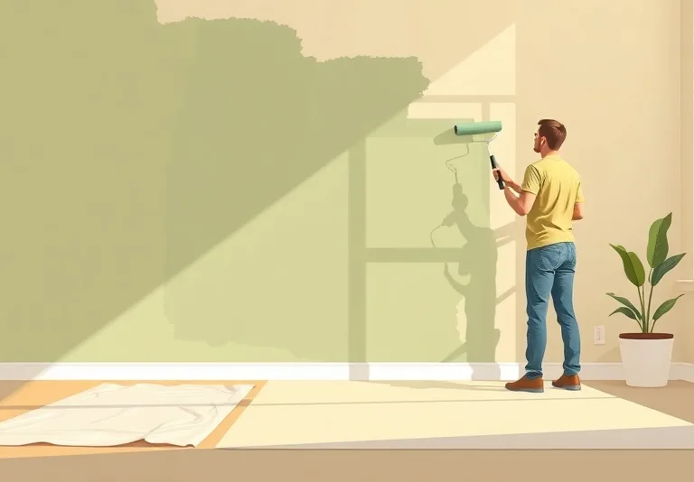 Peintre appliquant la peinture au rouleau sur un mur de salon